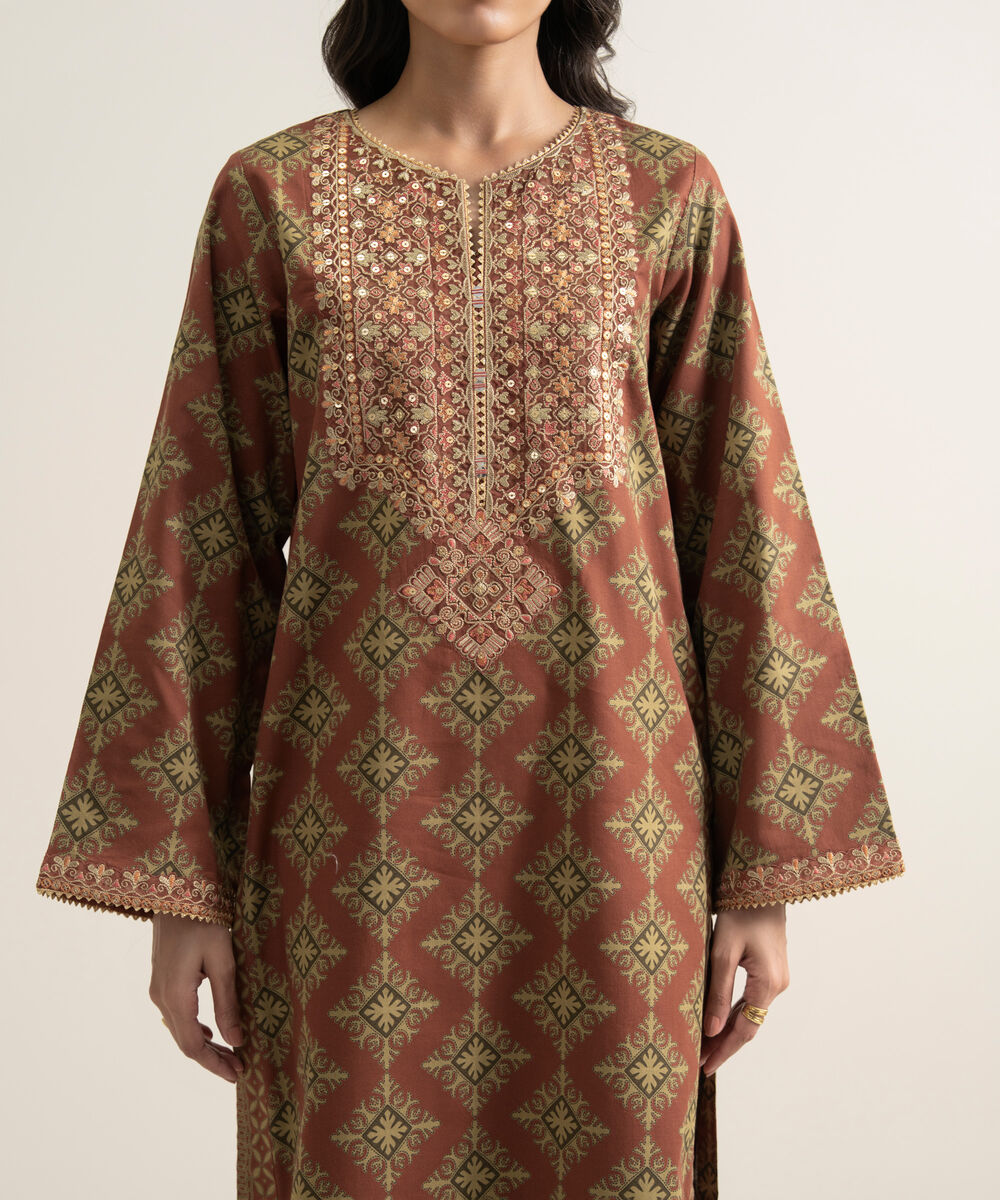 Women's Unstitched Lawn Embroidered Rust 3 Piece Suit