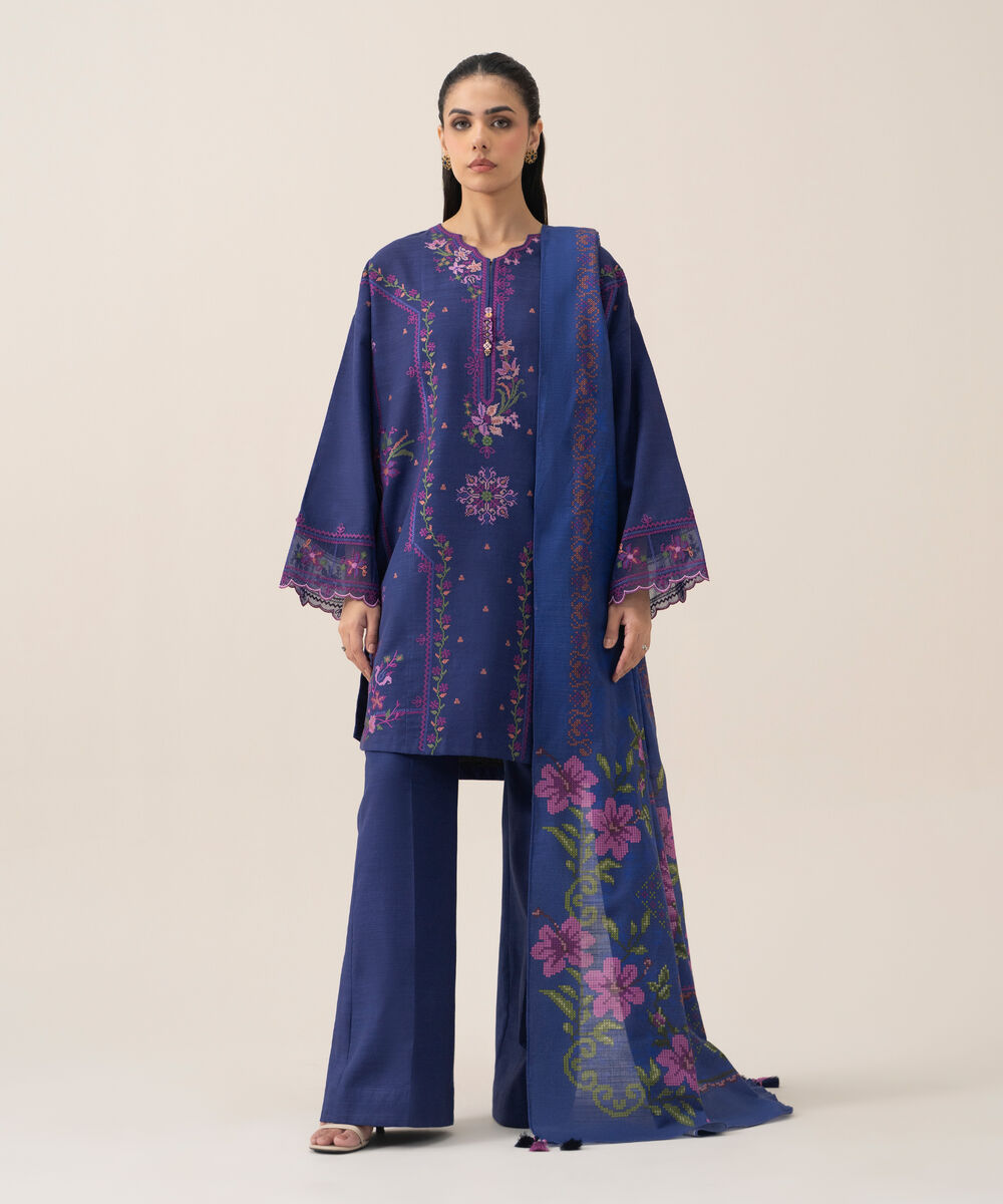 Women's Unstitched Premium Khaddar Embroidered Blue 3 Piece Suit