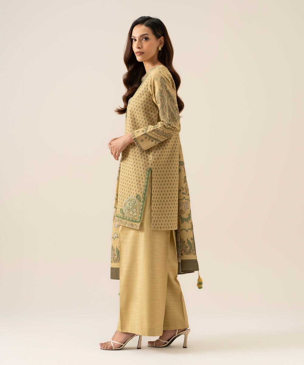 Women's Unstitched Premium Khaddar Embroidered Beige 3 Piece Suit
