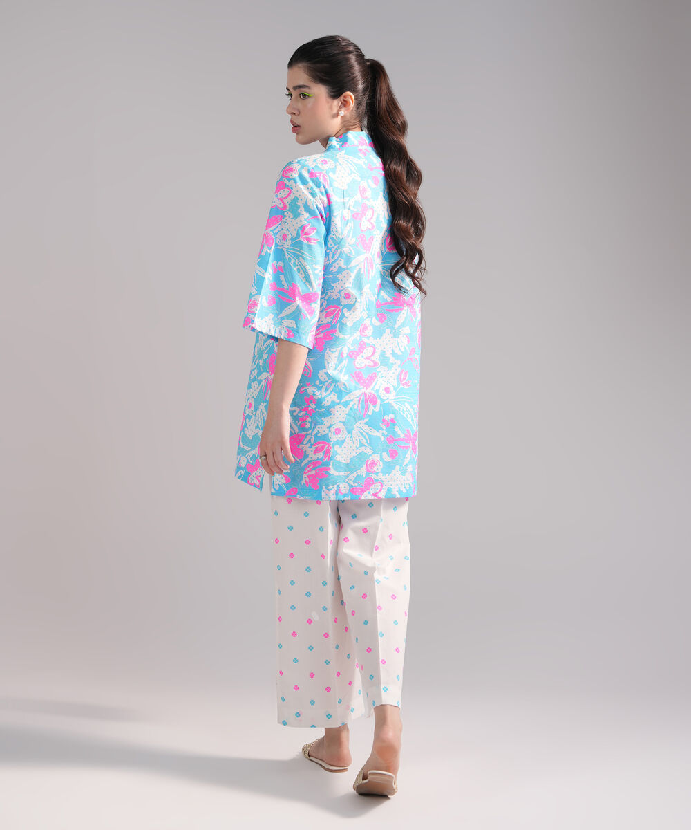 Women's RTW Dobby Printed Neon Blue 2 Piece Suit