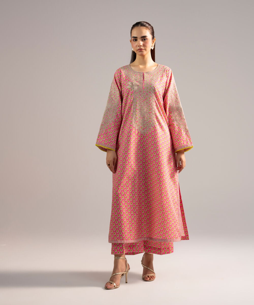 Women's RTW Zari Lawn Embroidered Pink Straight Shirt