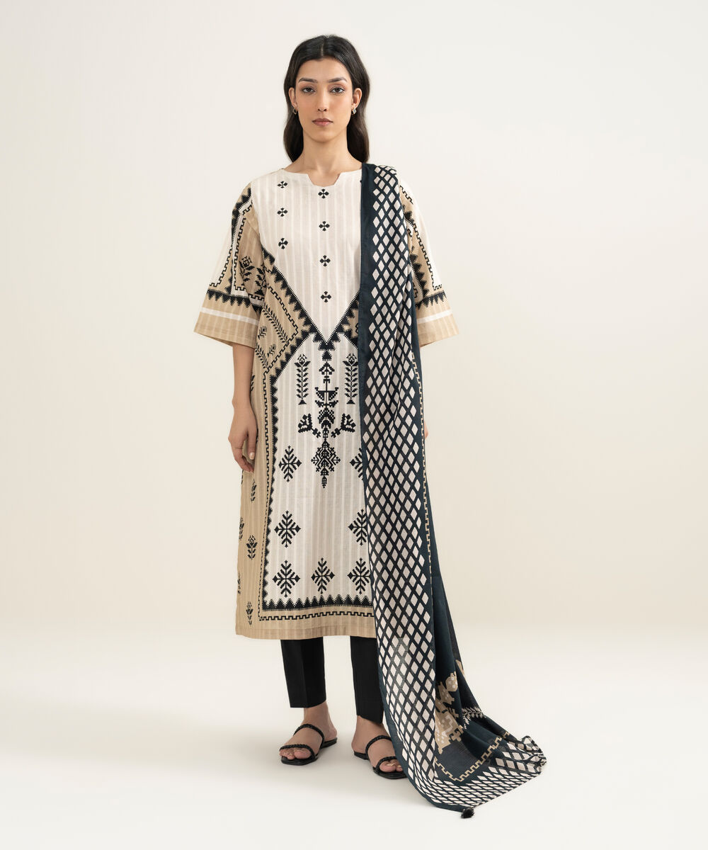 Women's RTW Textured Cotton Printed Beige A-Line Shirt