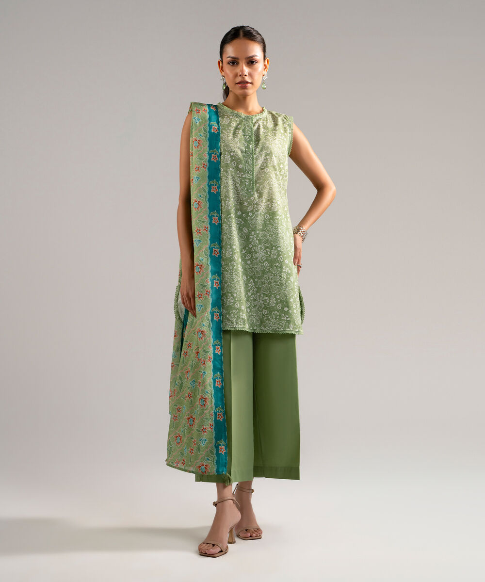 Women's RTW Slub Lawn Printed Green 3 Piece Suit