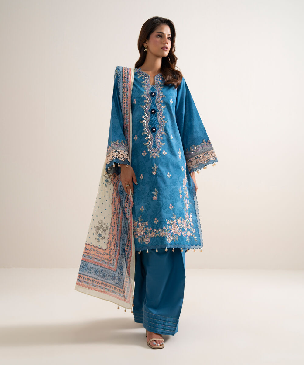 Women's Unstitched Lawn Embroidered Blue  3 Piece Suit