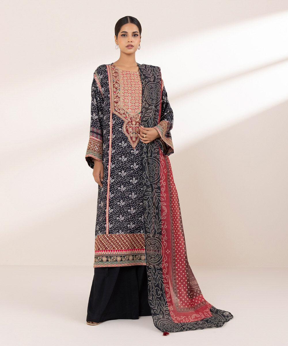 Women's RTW Viscose Raw Silk Black Embroidered Three Piece Suit