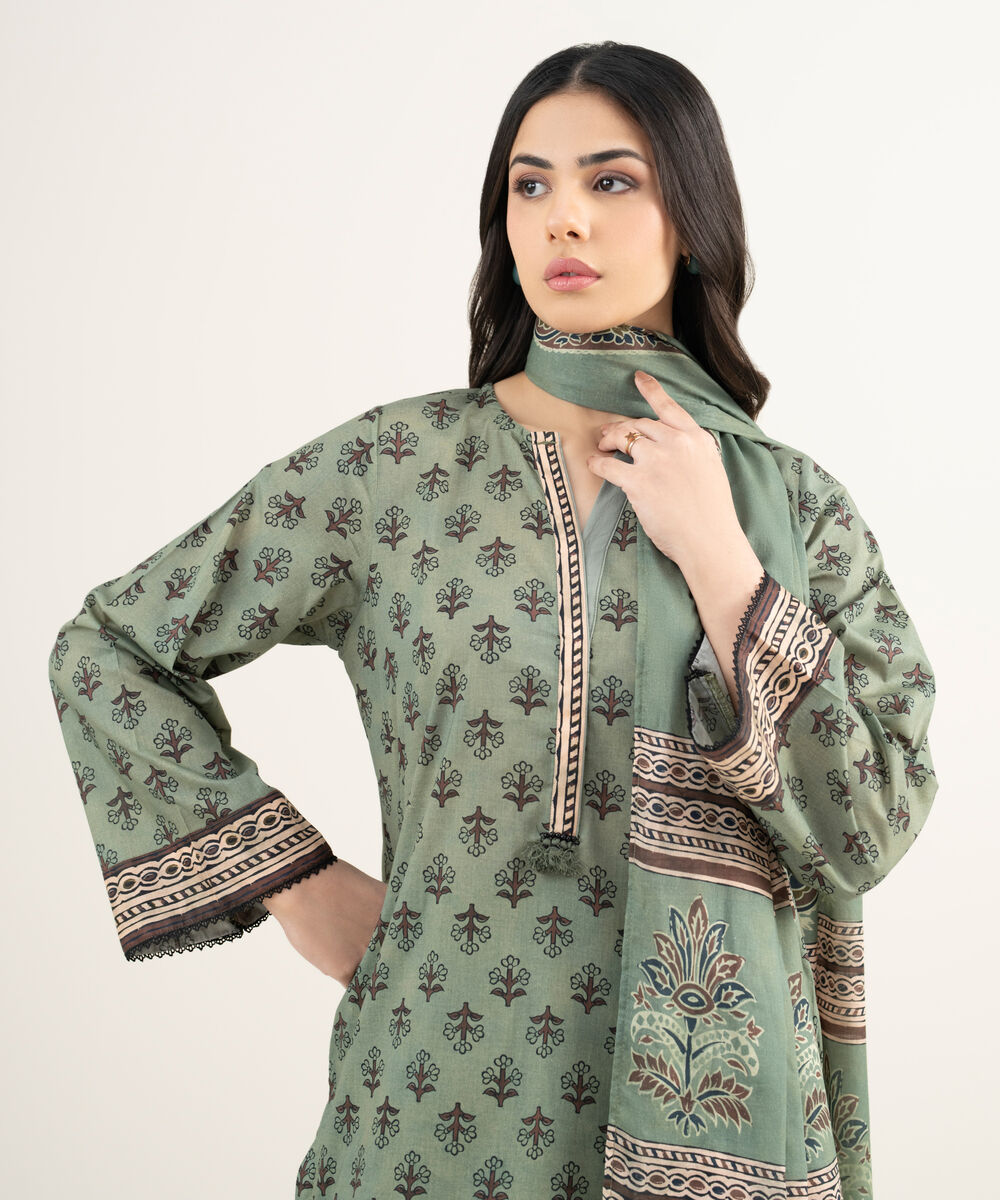 Women's RTW Lawn Printed Green 3 Piece Suit