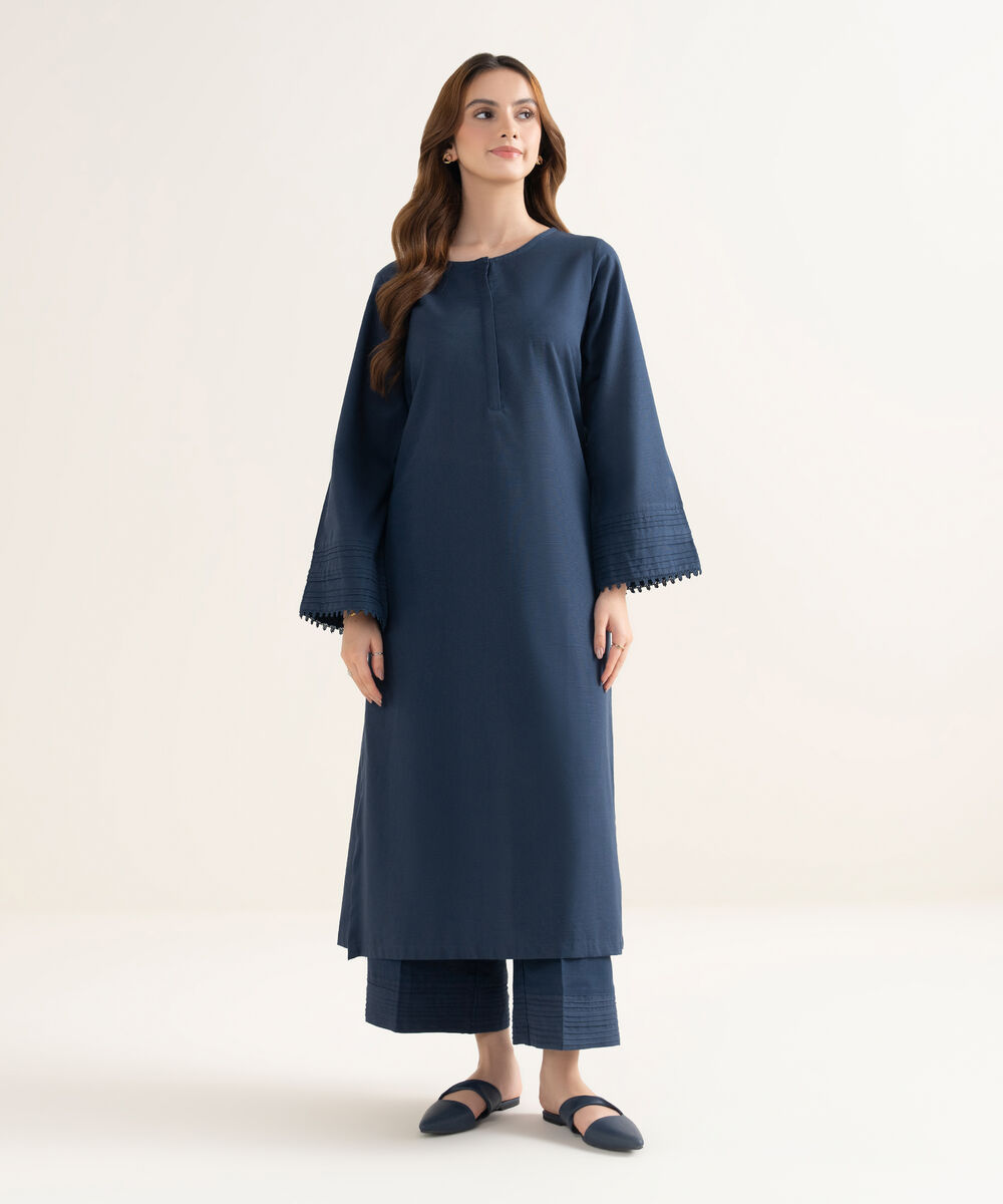 Women's RTW Khaddar Solid A-Line Blue Shirt