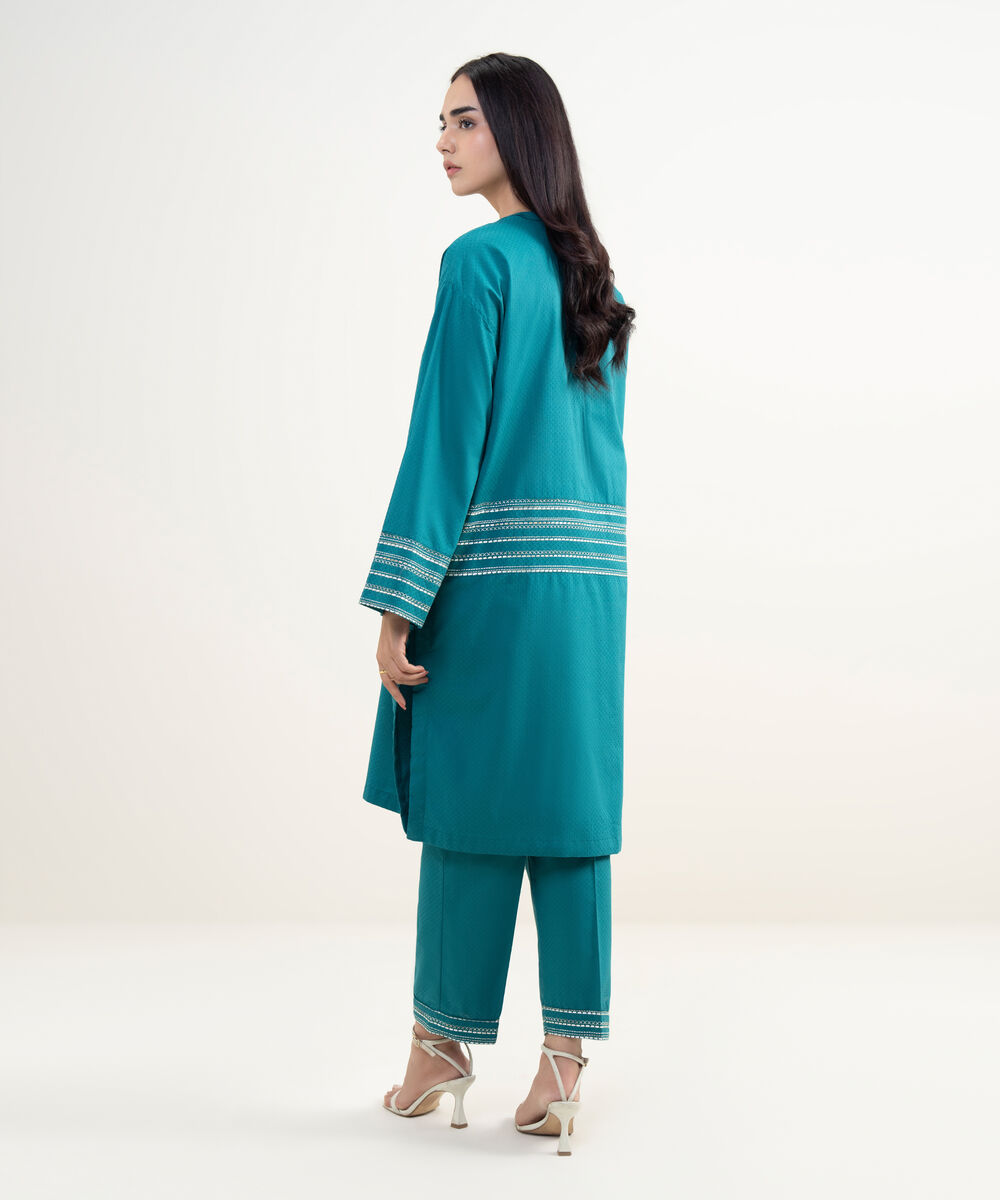 Women's RTW Dobby Embroidered Green Drop Shoulder Shirt