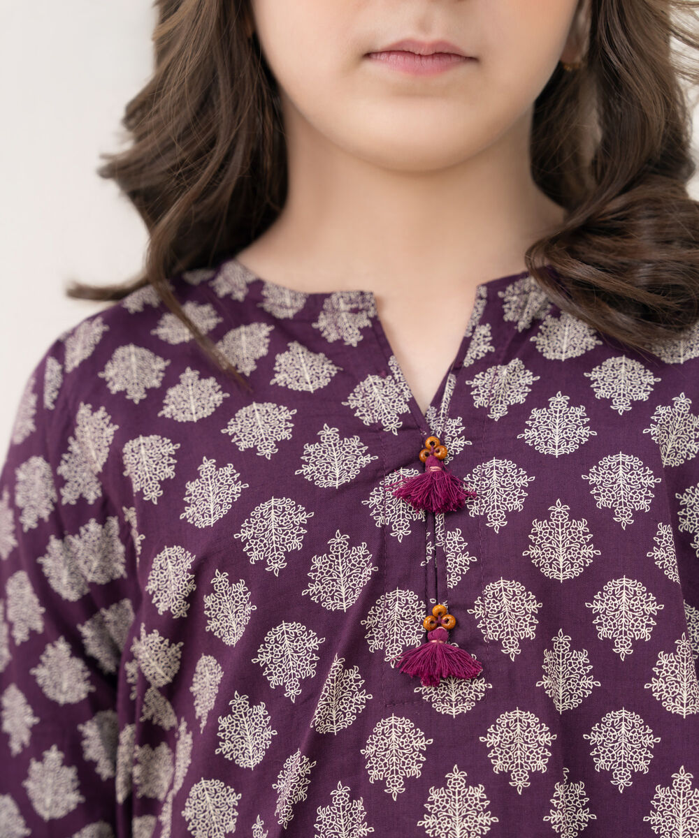 Girl's Cotton Viscose Printed Purple 2 Piece Suit