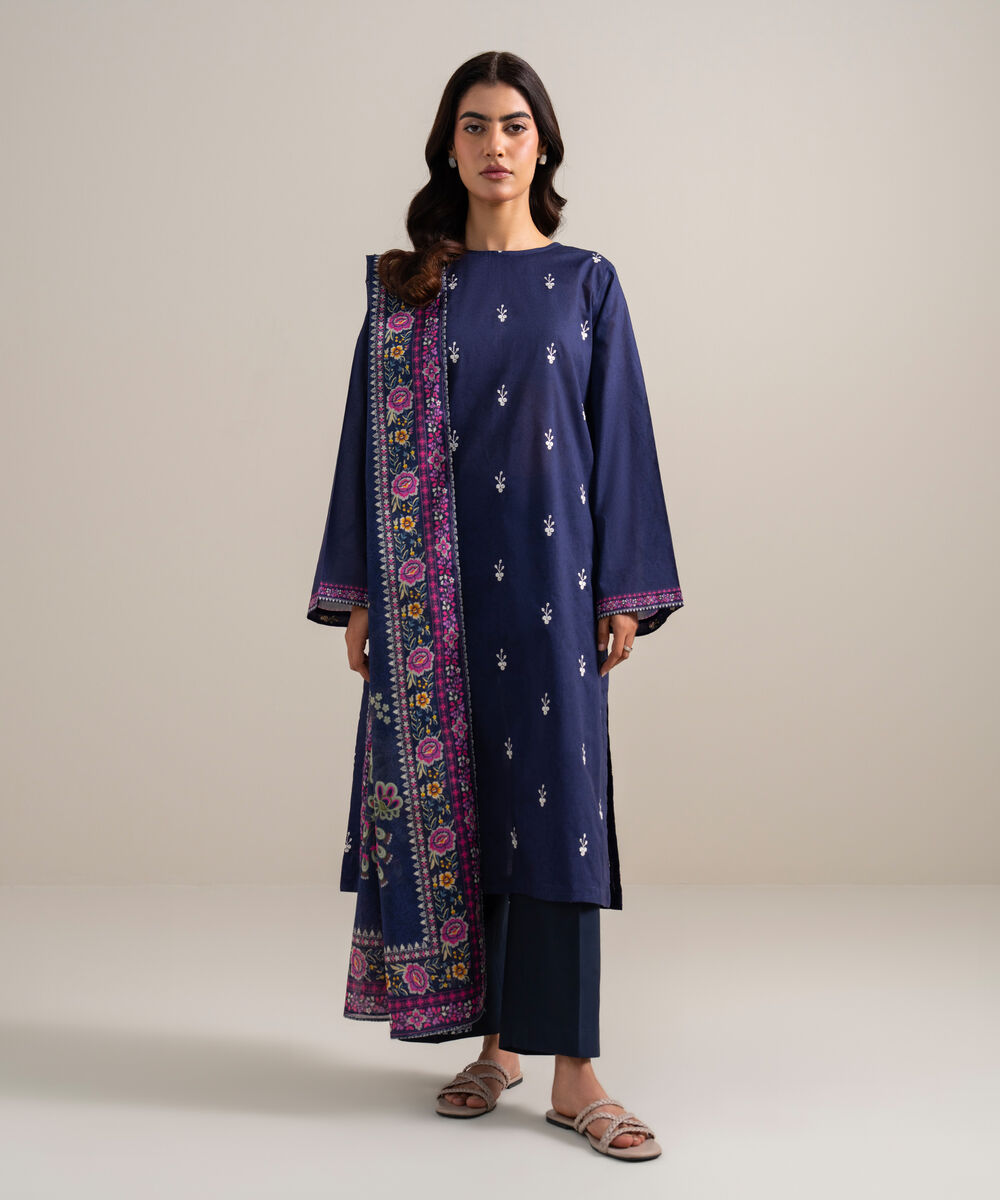 Women's Unstitched Lawn Embroidered Dark Blue  3 Piece Suit