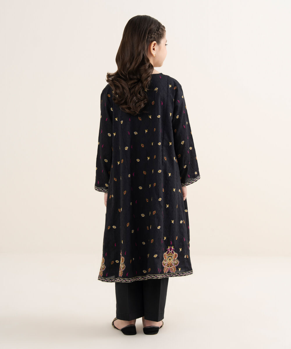 Girl's Self Jacquard Embroidered Black 2 Piece Suit