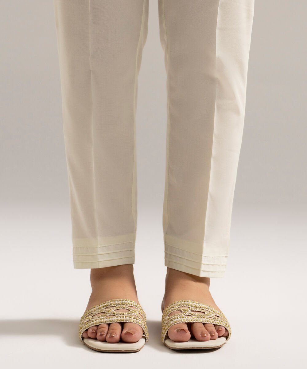 Women's RTW Cambric Solid Off White Straight Pants