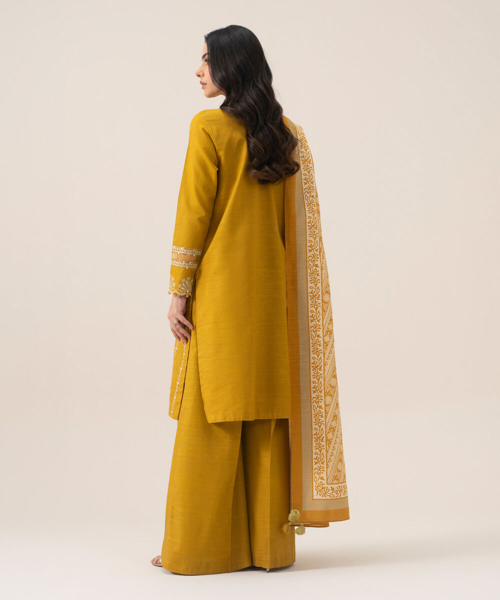 Women's Unstitched Basic Khaddar Embroidered Yellow 3 Piece Suit