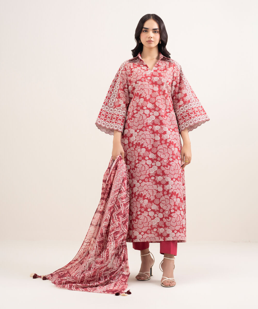 Women's Unstitched Lawn Printed Red 3 Piece Suit