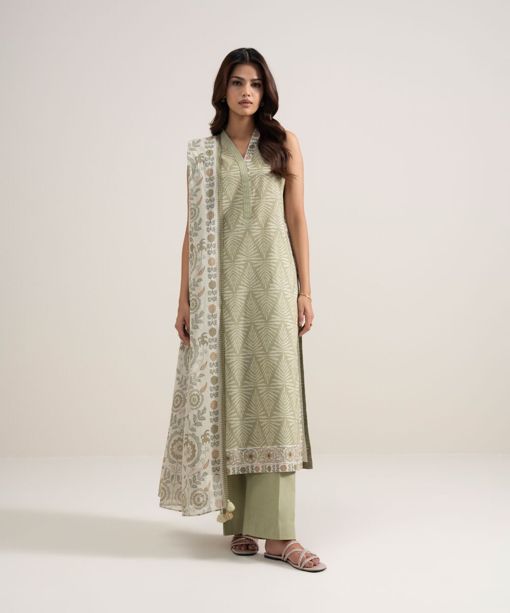 Women's Unstitched Lawn Printed Sage Green 3 Piece Suit