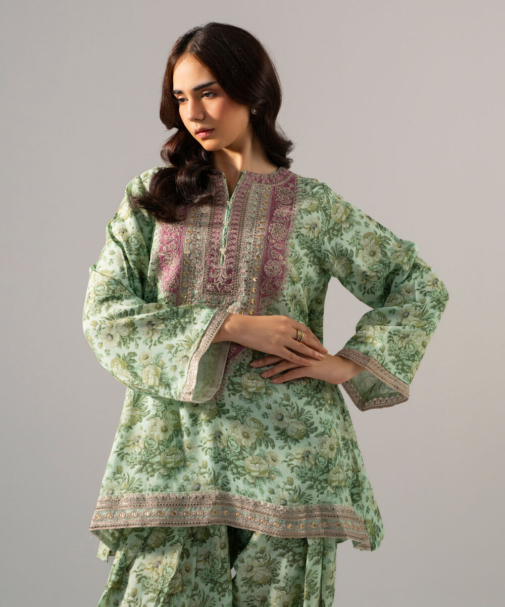 Women's RTW PK Raw Silk Printed Embroidered Green 2 Piece Suit