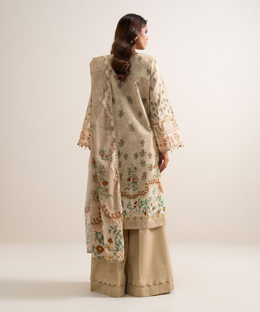 Women's Unstitched Lawn Embroidered Beige 3 Piece Suit