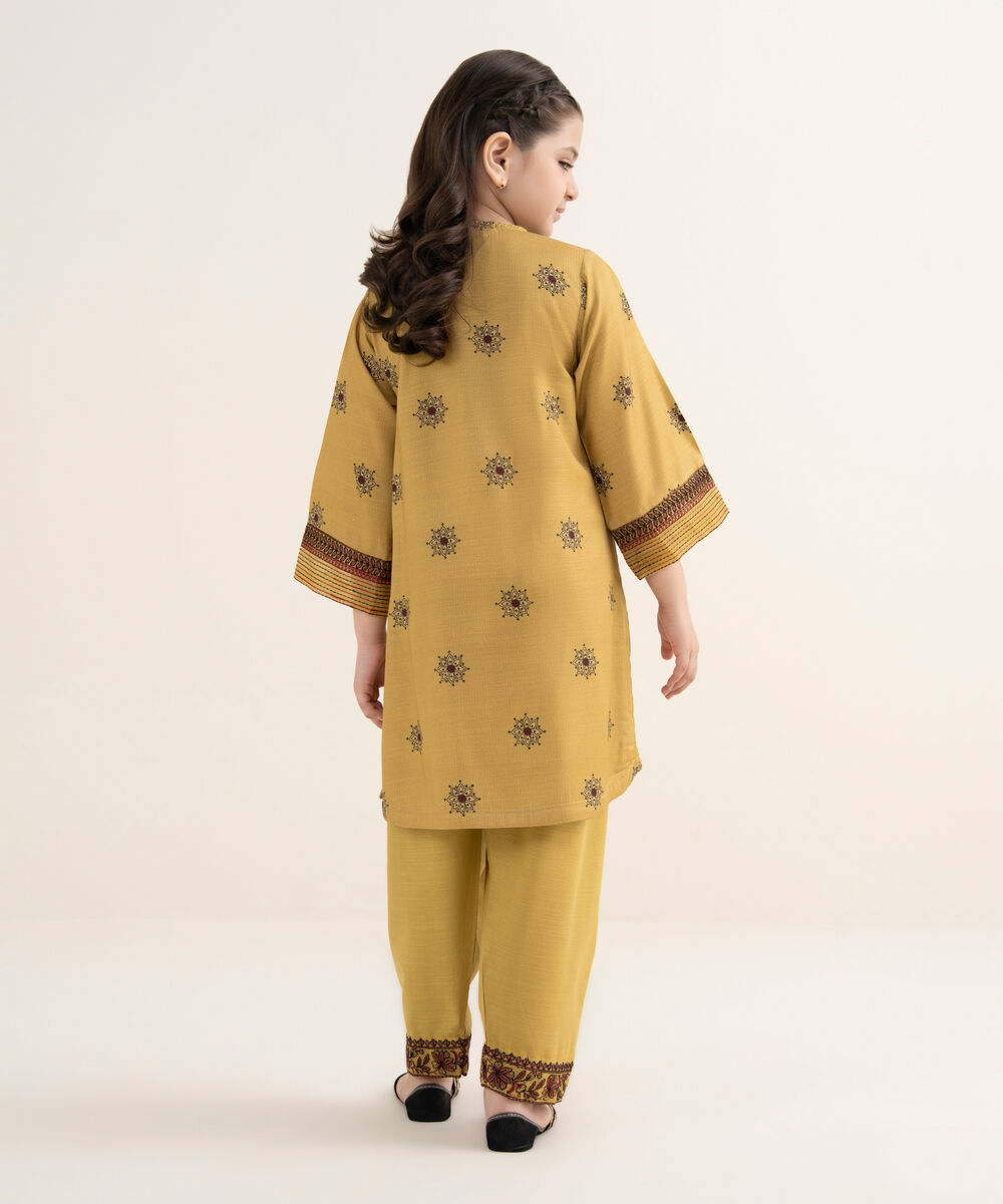 Girl's Herringbone Embroidered Mustard 2 Piece Set