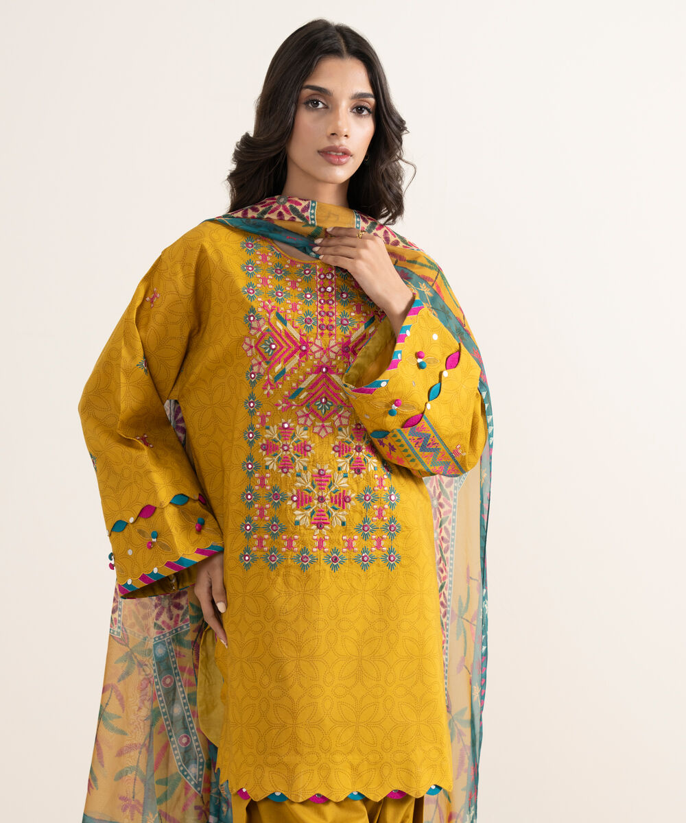 Women's Unstitched Lawn Embroidered Yellow 3 Piece Suit
