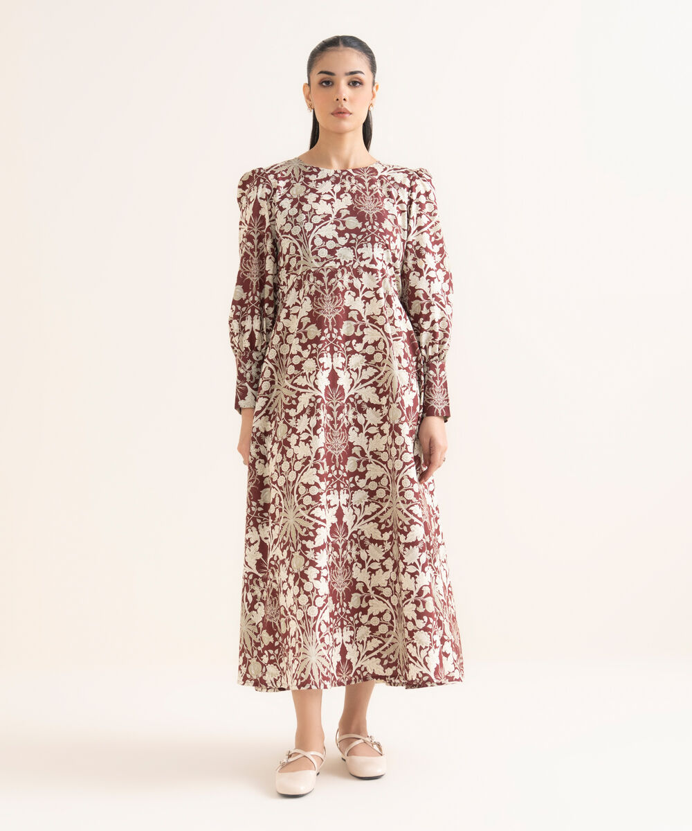 Women's RTW Cambric Printed Maroon Dress