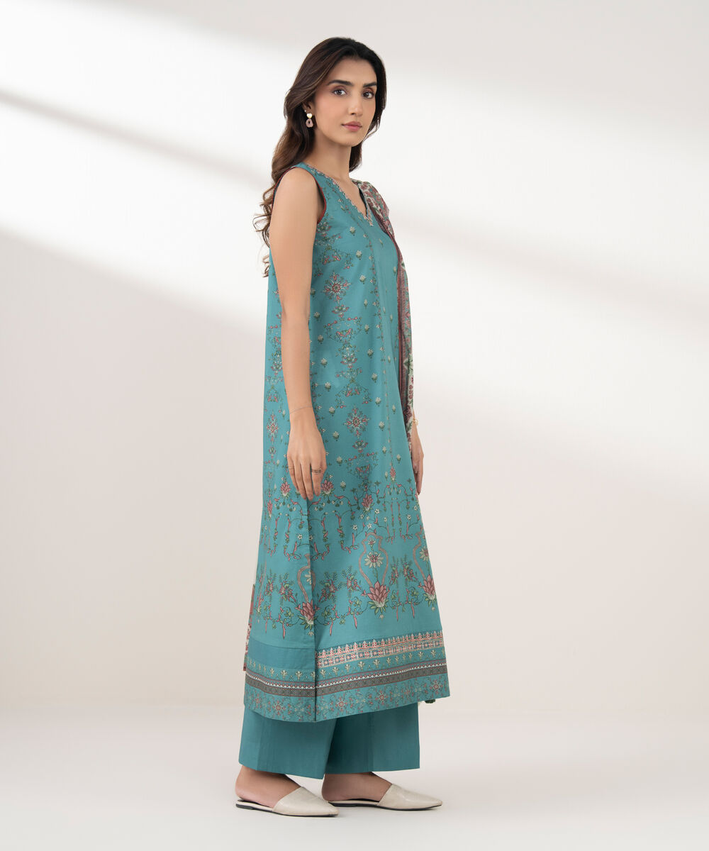 Women's Unstitched Lawn Printed Blue 3 Piece Suit