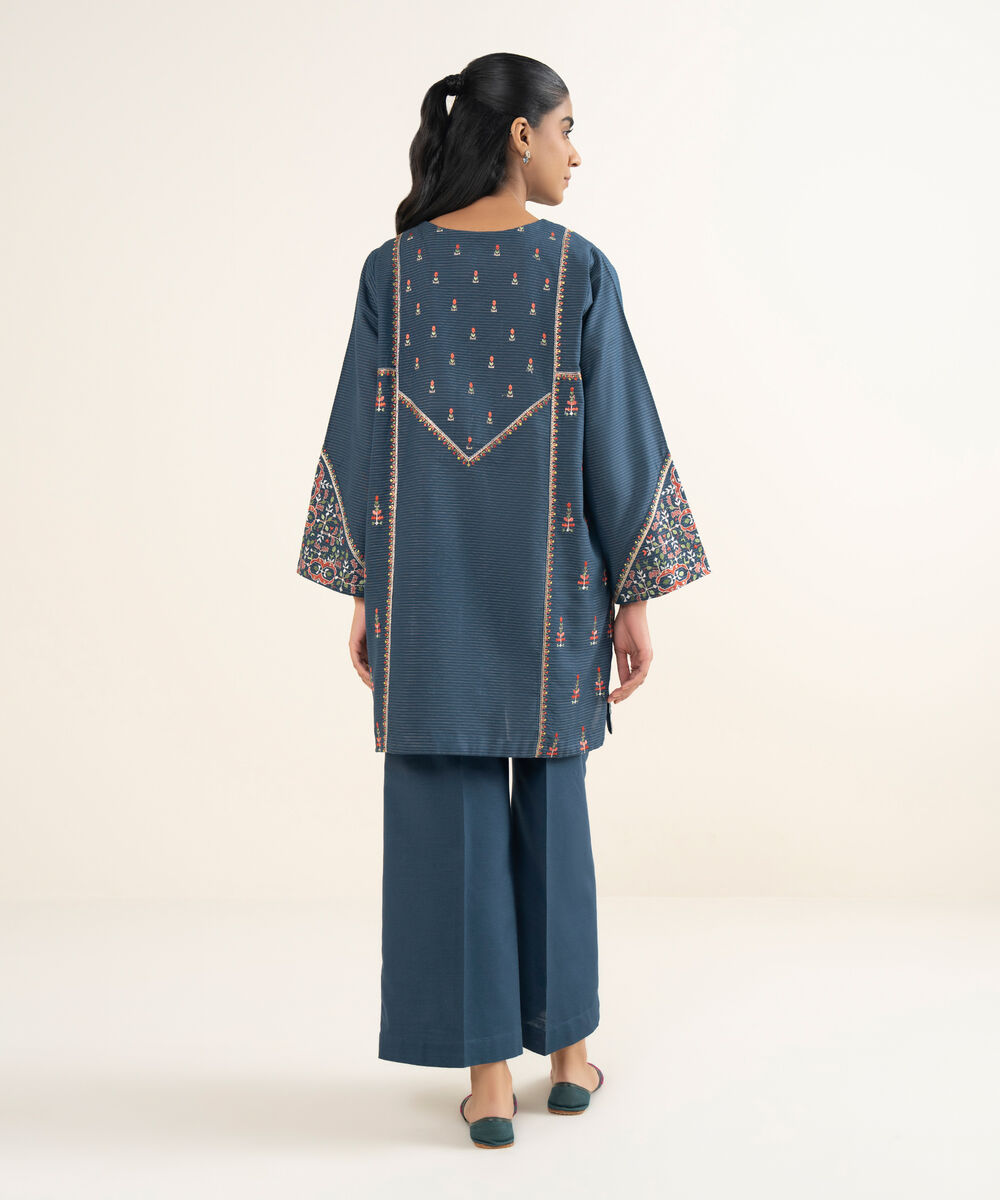 Women's RTW Zari Cotton Embroidered Straight Blue Shirt