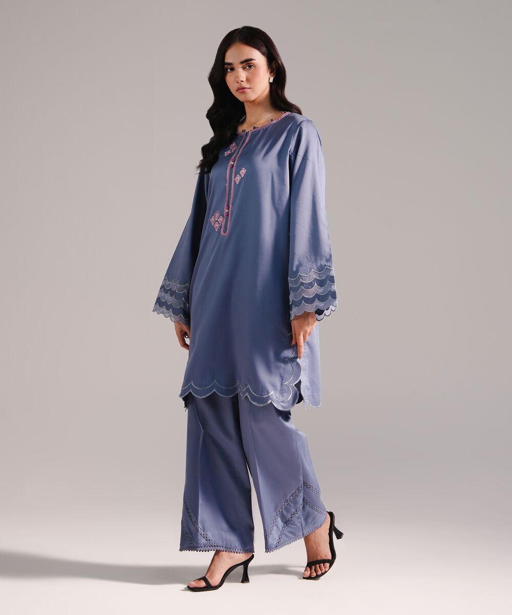 Women's RTW Cotton Satin Embroidered Steel Blue 2 Piece Suit