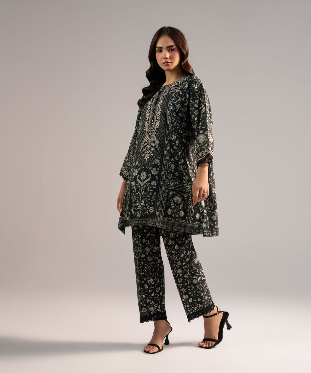 Women's RTW Lawn Embroidered Black Drop Shoulder Shirt