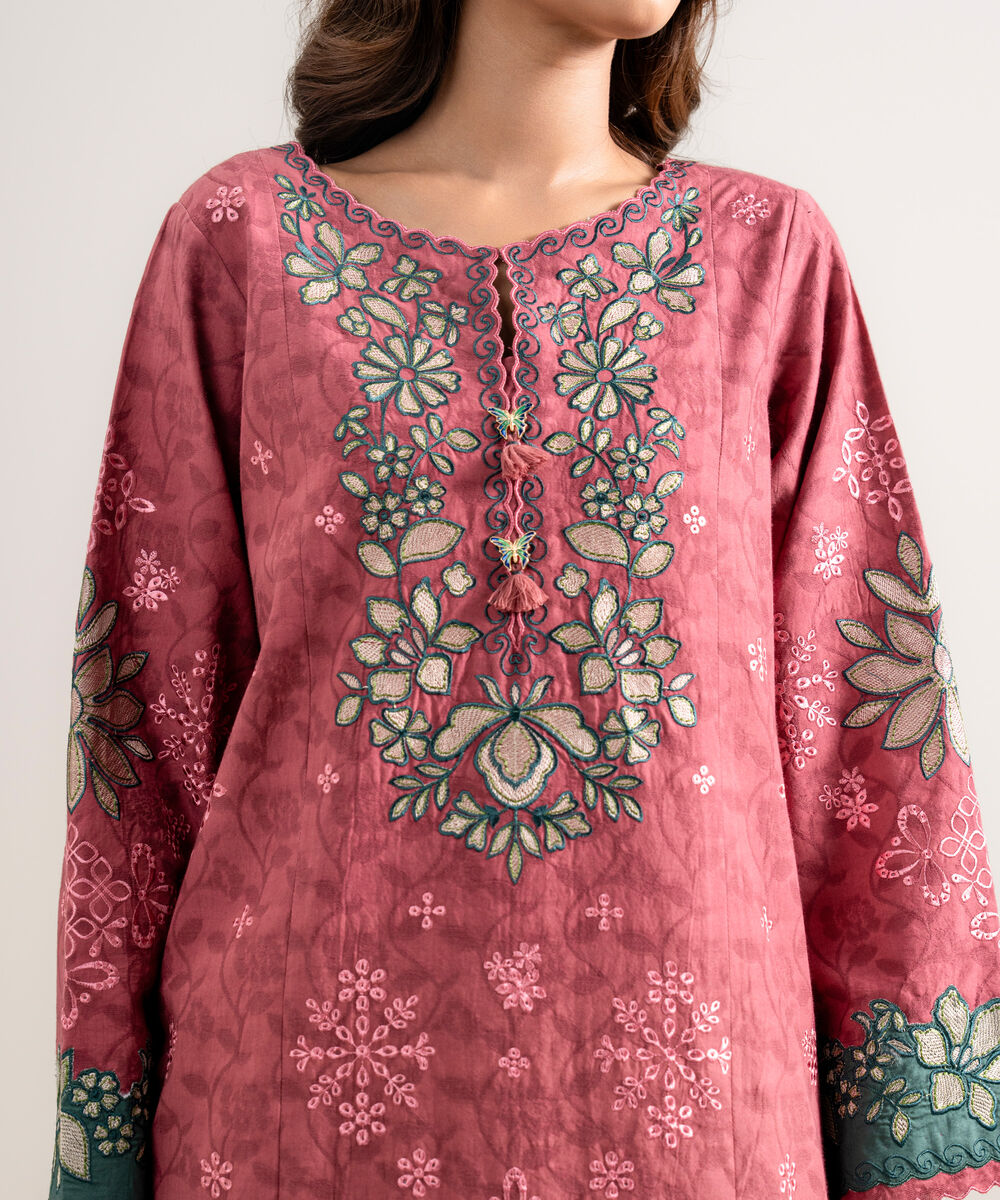Women's Unstitched Embroidered Cotton Jacquard Tea Pink 3 Piece Suit