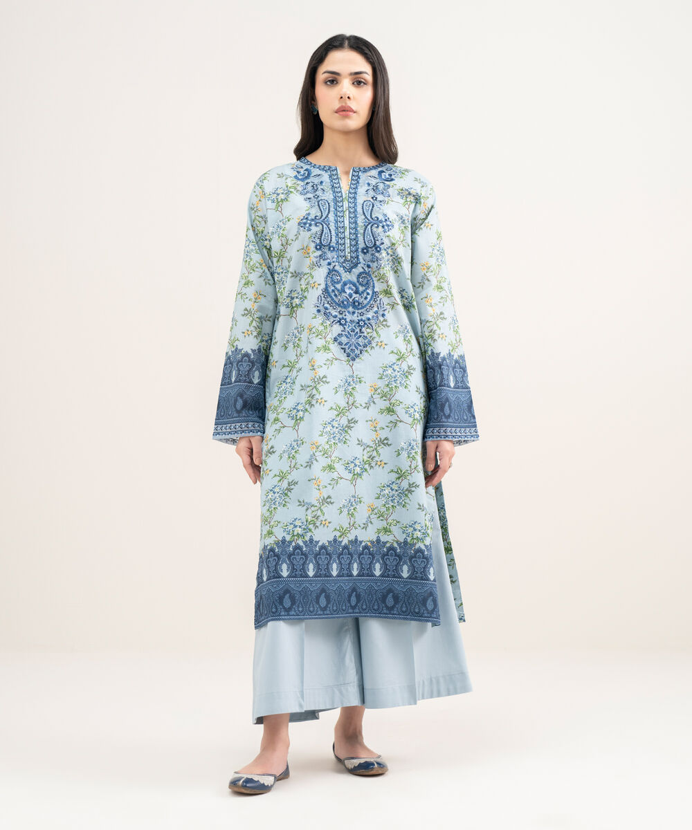 Women's RTW Lawn Embroidered Blue Straight Shirt
