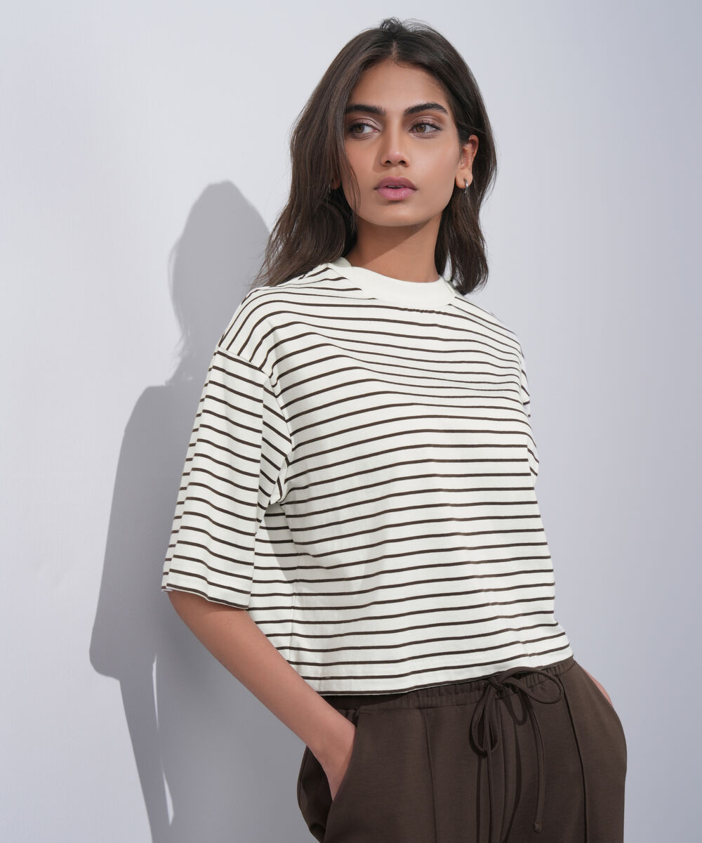 Women's Western Wear Multi Striped Cropped T-Shirt