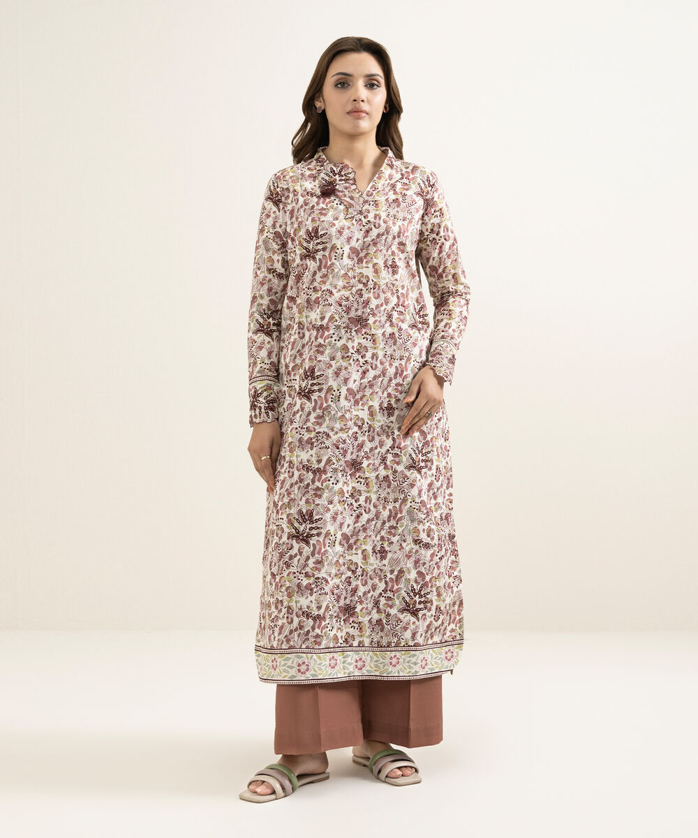 Women's Unstitched Lawn Printed Brown 2 Piece Suit