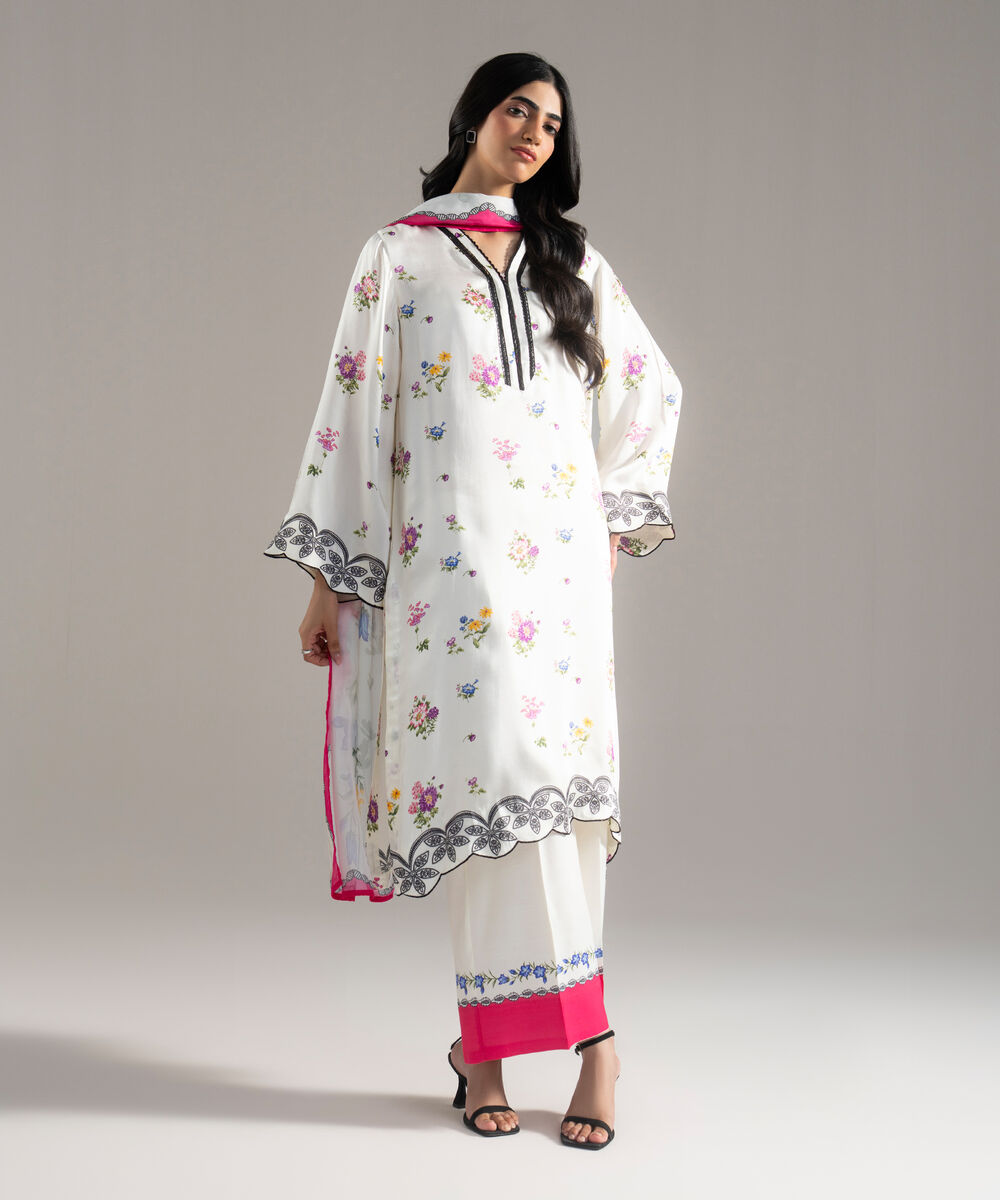 Women's RTW White Featheer Chamoz Printed White 3 Piece Suit