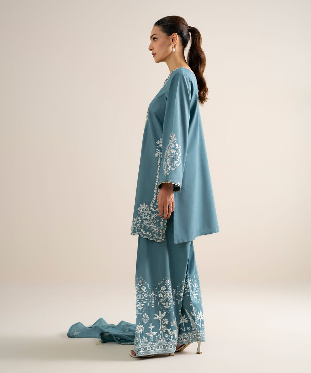 Women's Unstitched Slub Lawn Embroidered Blue  3 Piece Suit