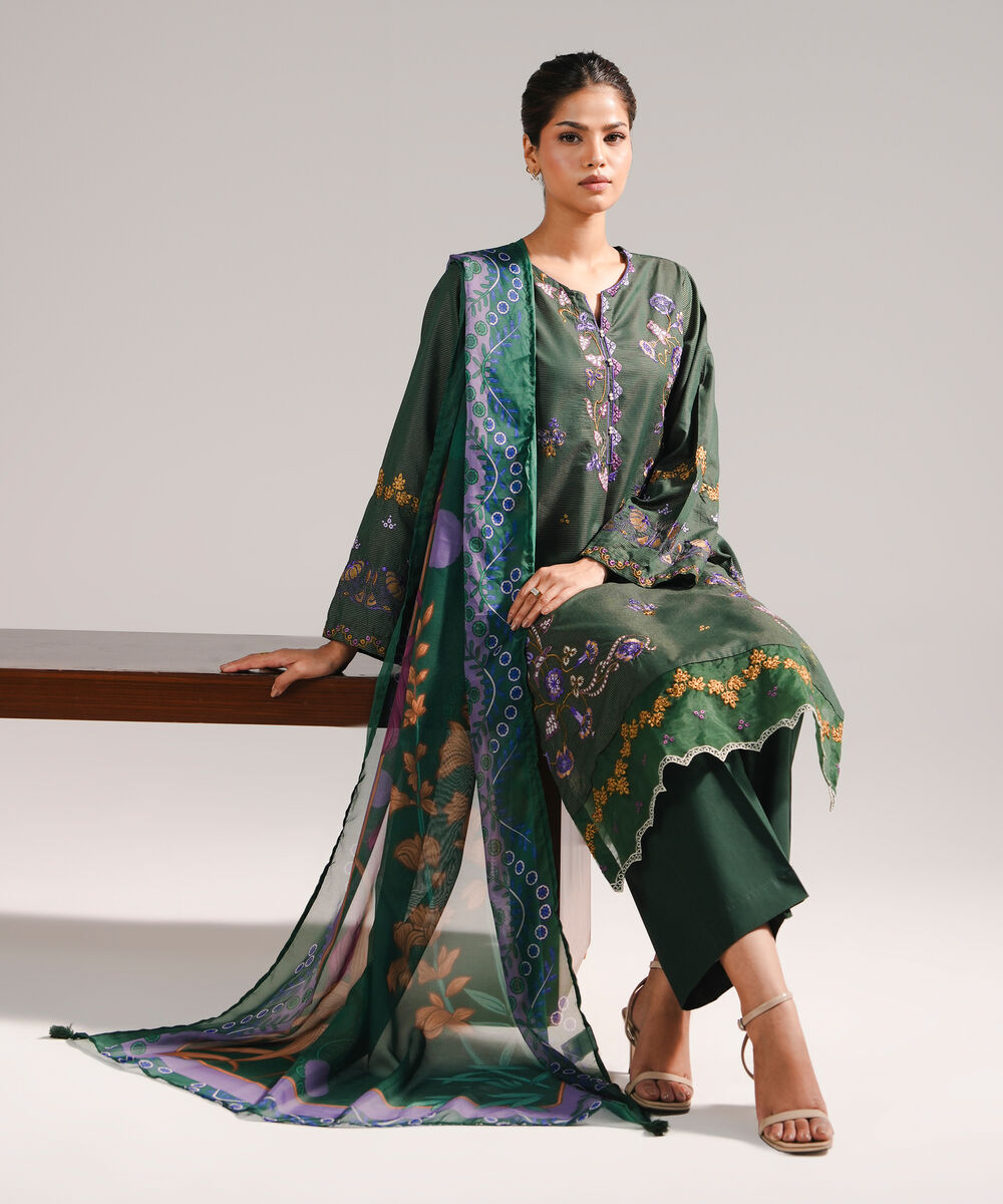 Women's RTW Zari Lawn Embroidered Dark Green 3 Piece Suit