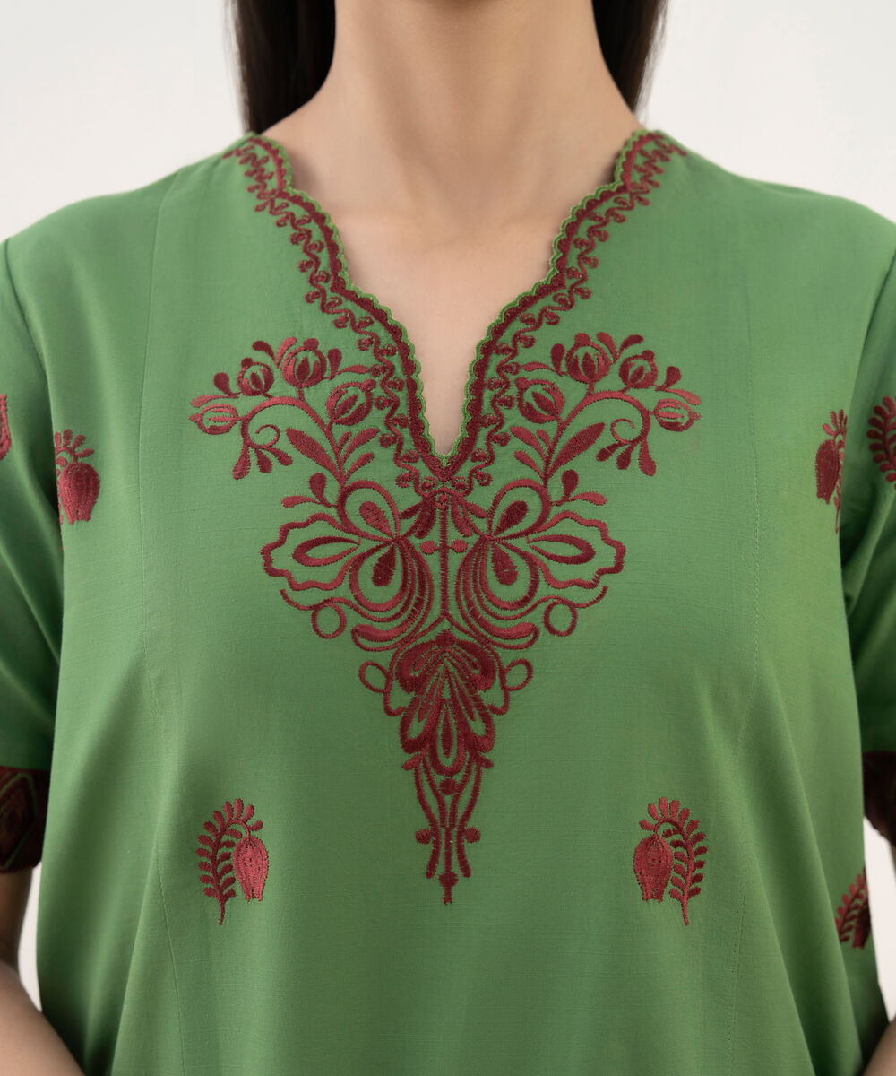 Women's Unstitched Cotton Embroidered Green 3 Piece Suit
