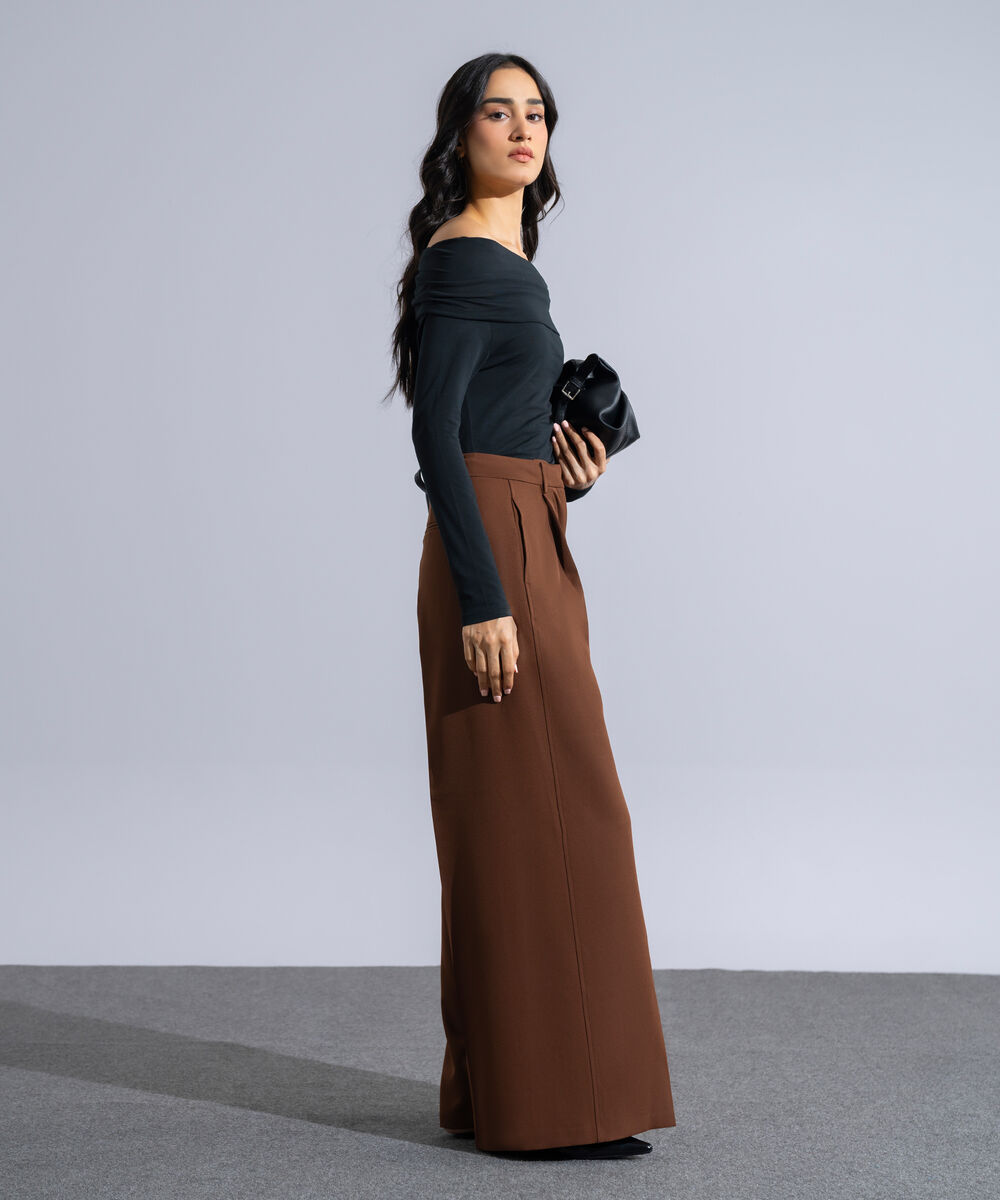Women's Western Wear Brown Polyester Pleated Wide Leg Trousers