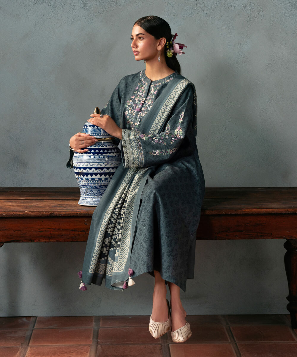 Women's Unstitched Light Khaddar Embroidered Blue 3 Piece Suit