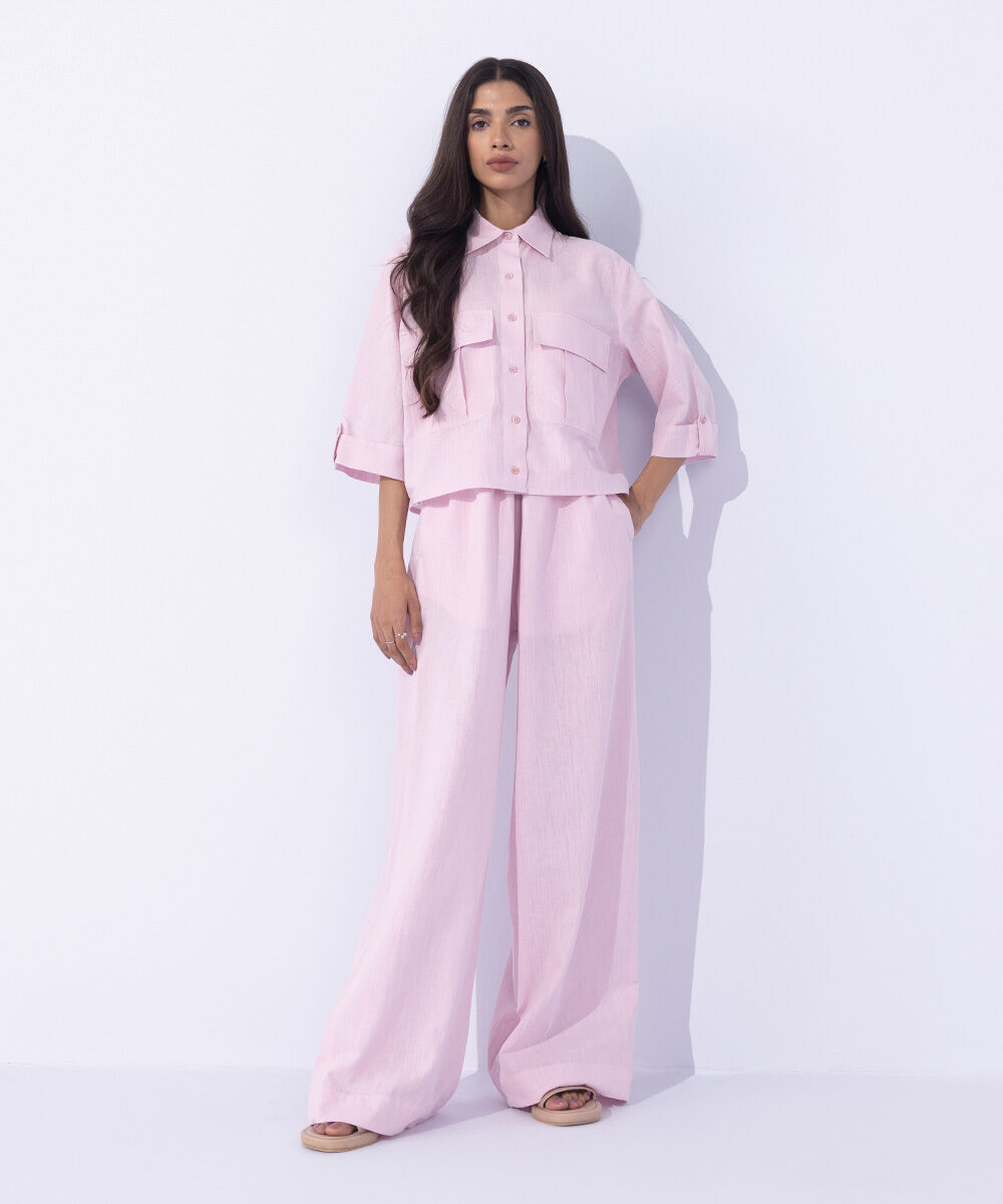 Women's Western Wear Pink  Cropped Shirt With Cargo Pockets