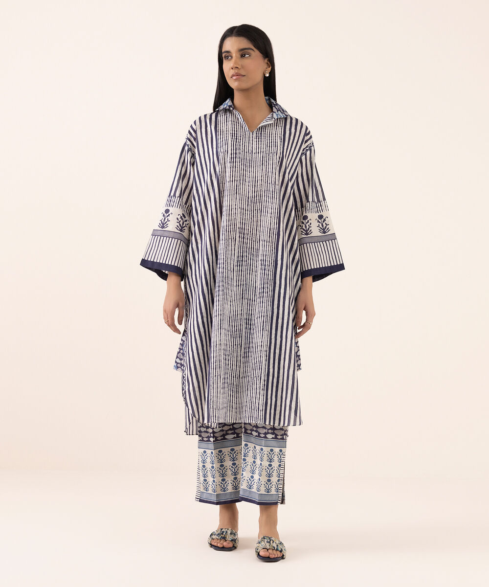 Women's RTW Lawn Blue Printed Drop Shoulder Shirt