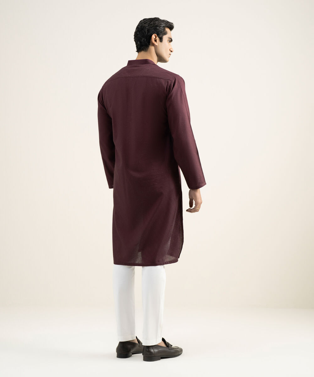 Men's Stitched Cotton Jacquard Maroon Kurta