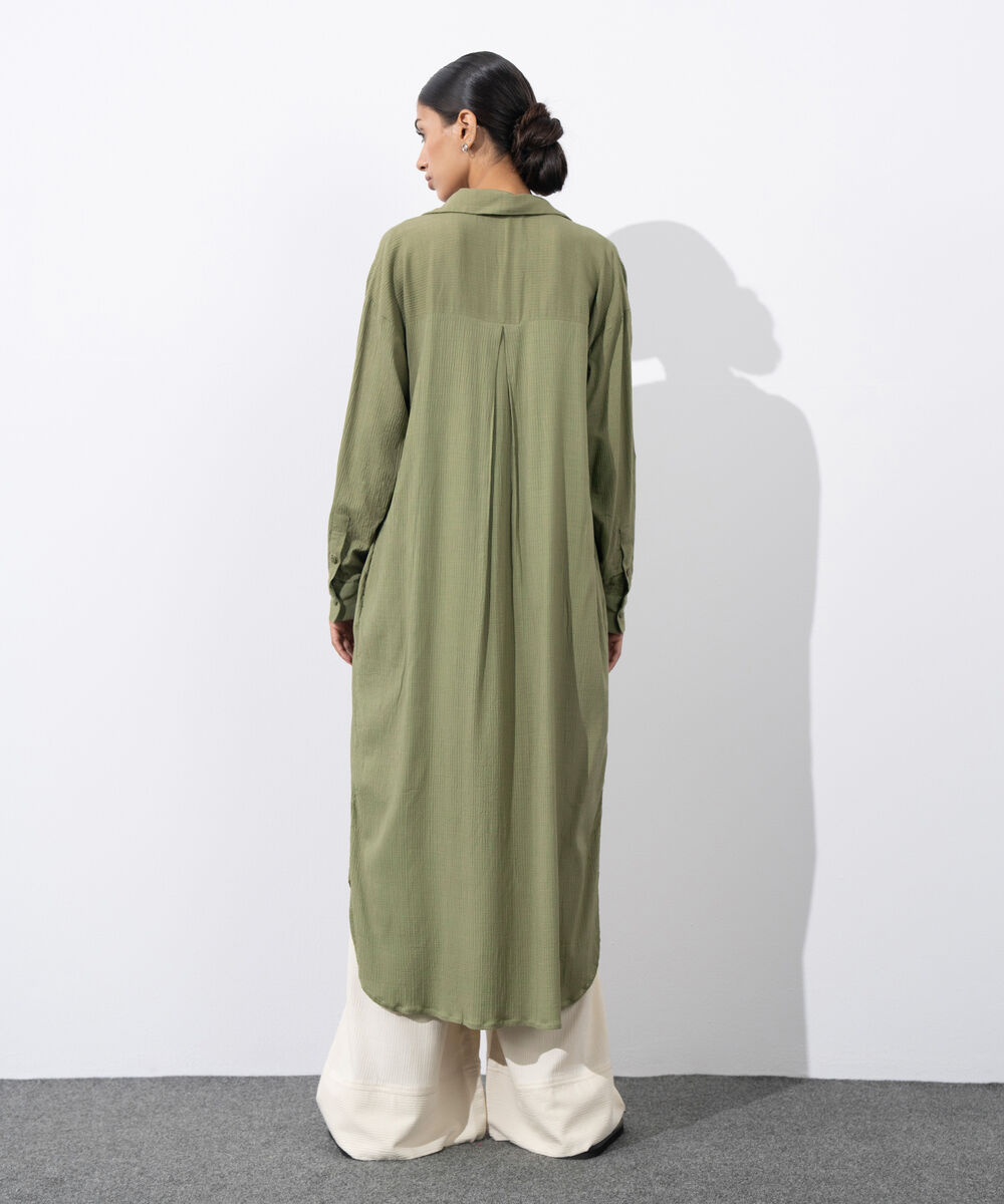Women's Western Wear Green Seersucker Shirt Dress