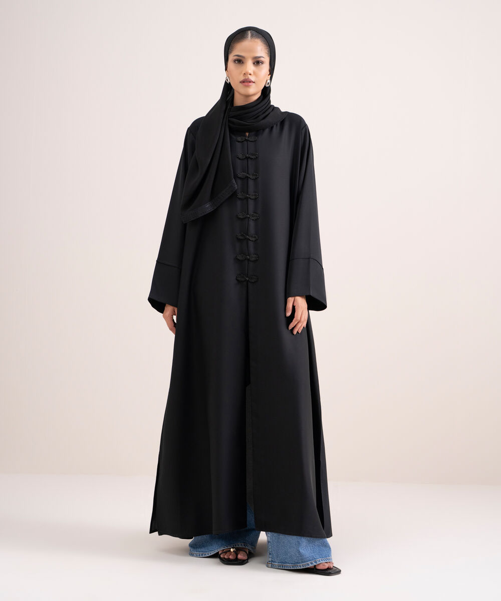 Women's Black Front Open Abbaya Set