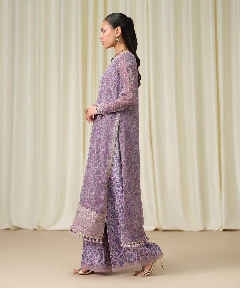 Women's Unstitched Blended Chiffon Embroidered Purple 3 Piece Suit