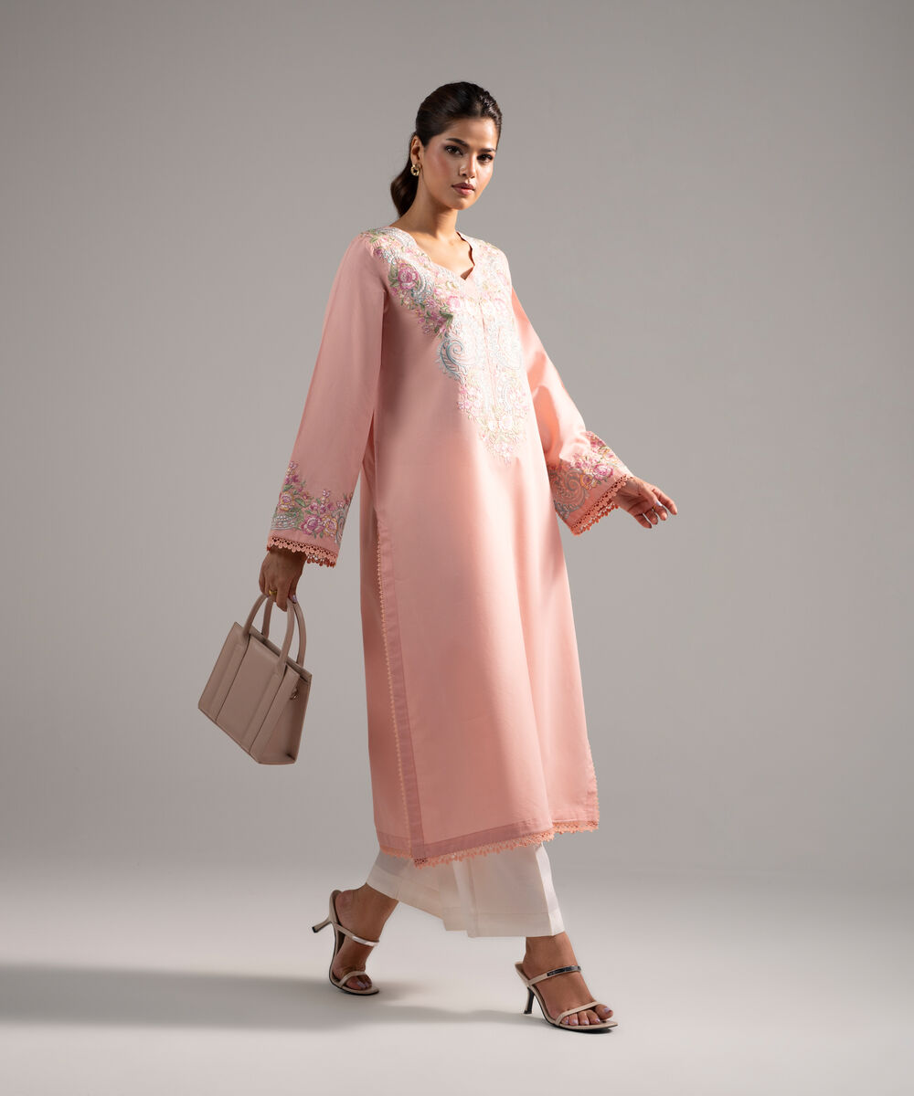 Women's RTW Zari Lawn Embroidered Pink A-Line Shirt