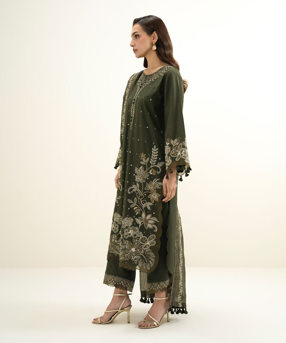 Women's Unstitched Lawn Embroidered Green 3 Piece Suit