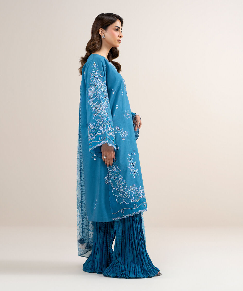 Women's Unstitched Textured Lawn Embroidered Blue 3 Piece Suit