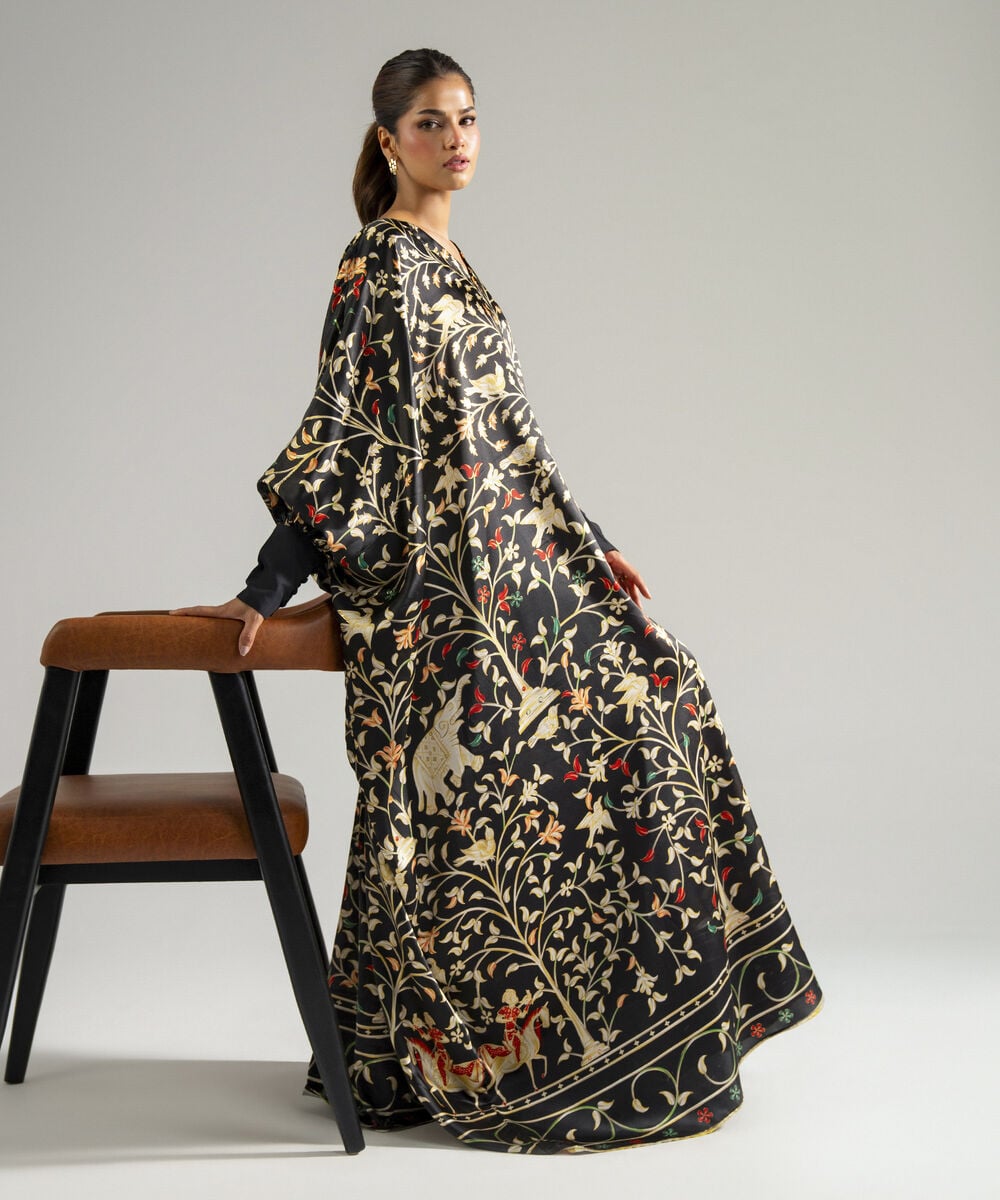 Women's RTW Blended Satin Printed Black Kaftan