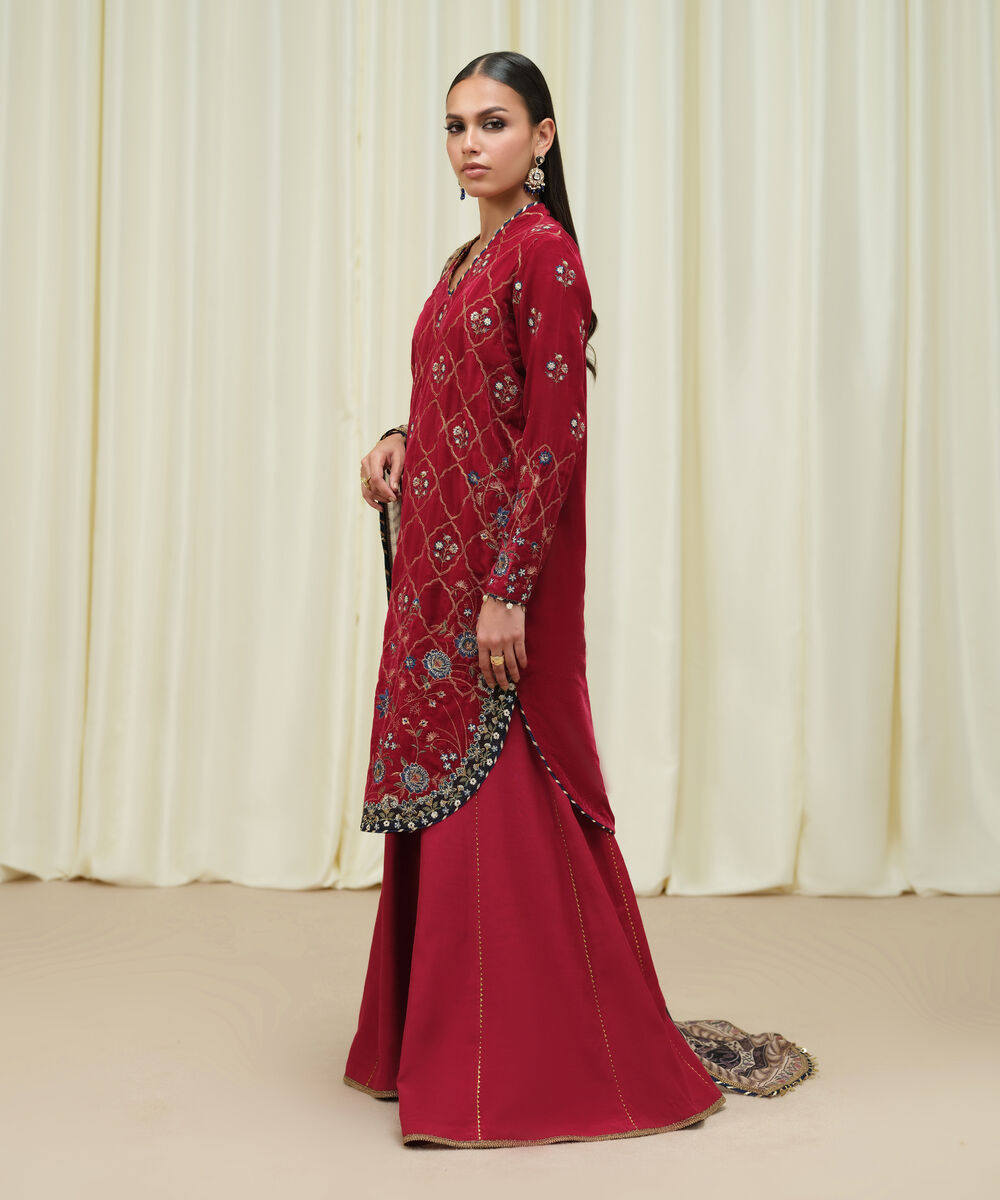 Women's Unstitched Velvet Embroidered Red 3 Piece Suit