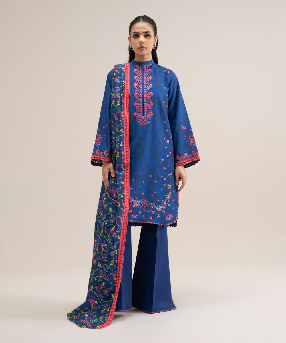 Women's Unstitched Basic Khaddar Embroidered Blue 3 Piece Suit